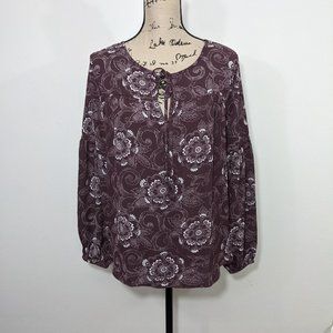 NWT LOFT Blouse Womens Maroon Peasant Floral Keyhole Tie Neckline Bishop Slv XS